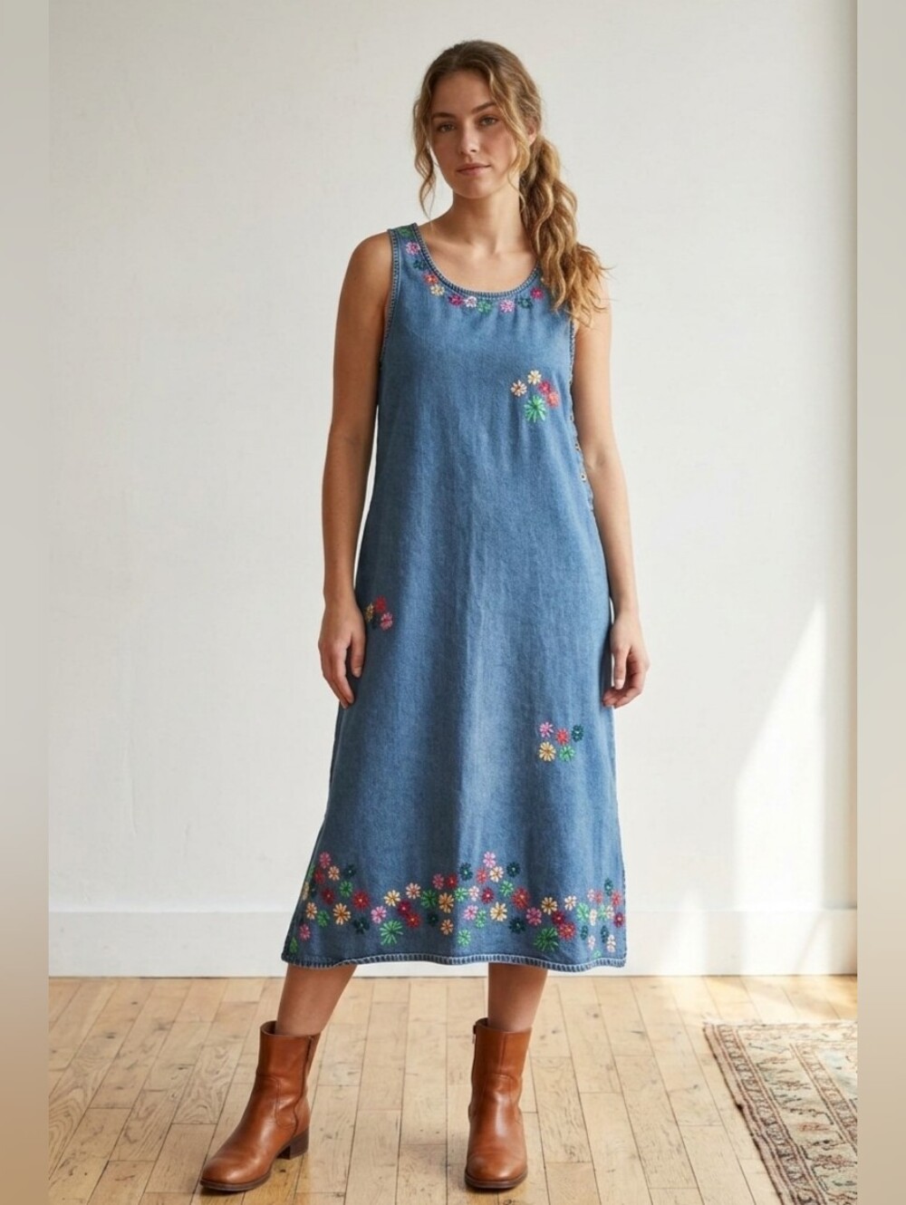 vintage 90s embroidered denim maxi jumper dress Agapo Cottagecore Size PM
